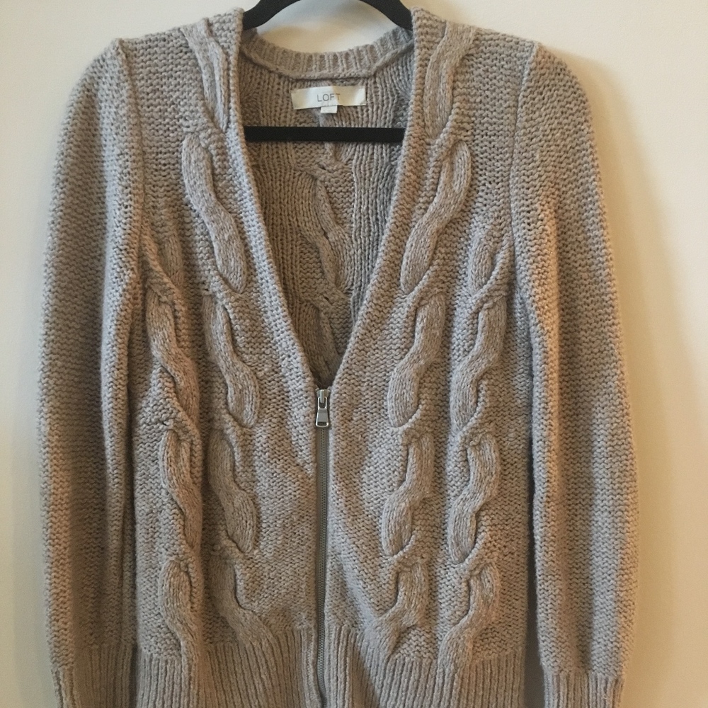 LOFT Tan Zip Cable Knit Sweater